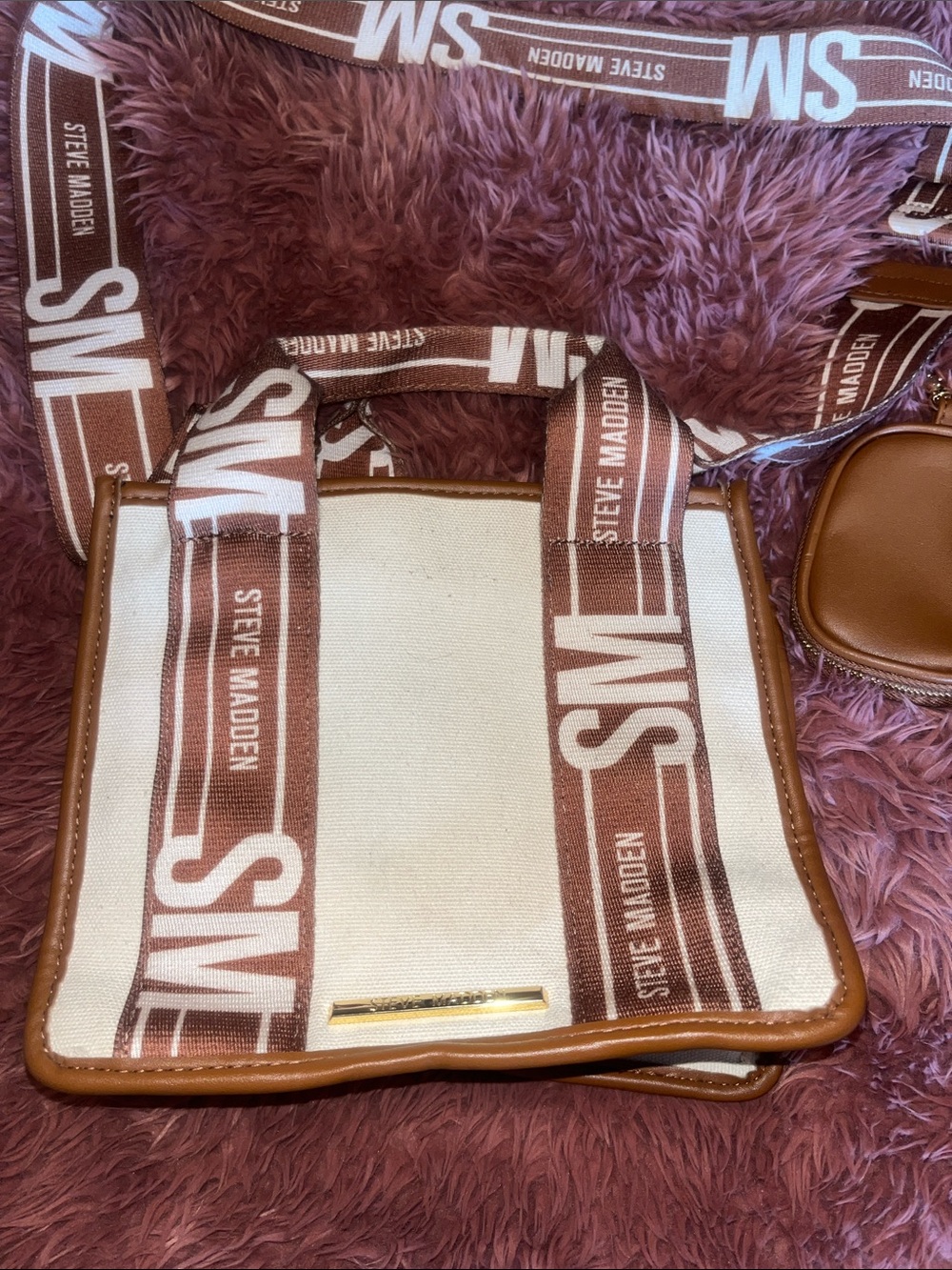 Steve Madden Cream and Brown Canvas Crossbody Messenger